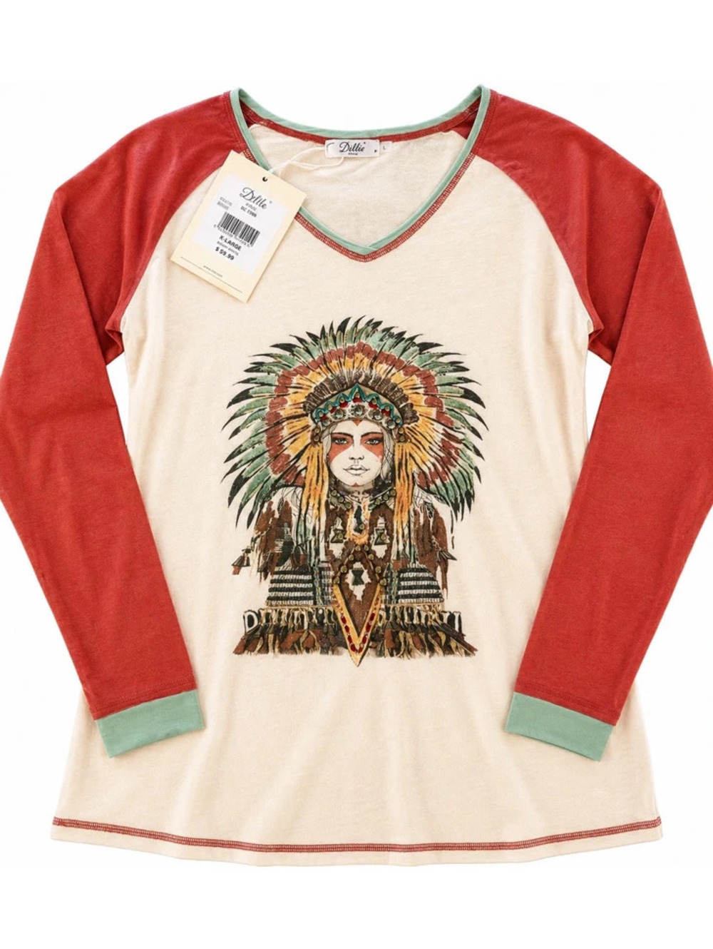 Delila Women's Long Sleeve Graphic Raglan Shirt with Native American Headdr